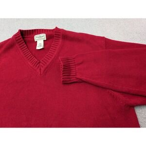 LL Bean Mens Size Medium Regular Red V Neck Long Sleeve Cotton Sweater